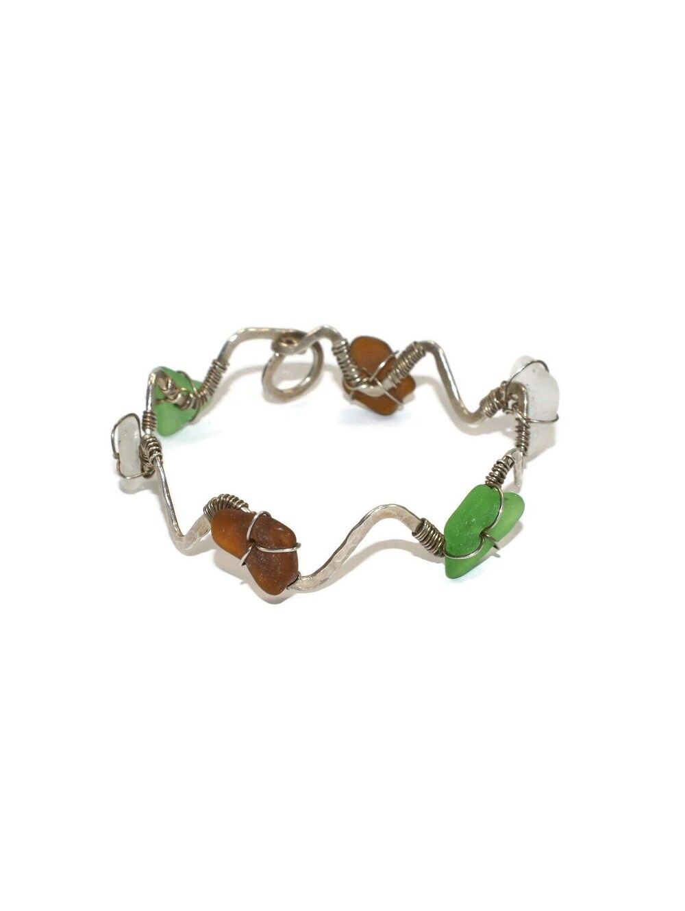 Artisanal Handmade Vintage Sterling Silver & Sea Glass Bracelet with Hook Clasp.